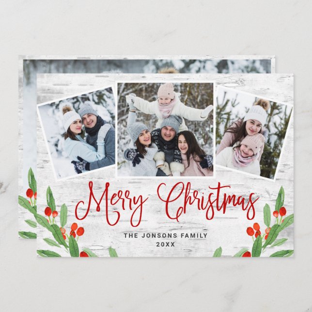 4 PHOTO Christmas Rustic Birch Bark Greeting Holiday Card (Front/Back)