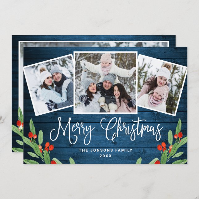 4 PHOTO Christmas Rustic Blue Wood Greeting Holiday Card (Front/Back)