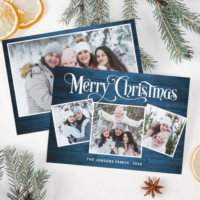 4 PHOTO Christmas Rustic Blue Wood Greeting Holiday Card (Creator Uploaded)