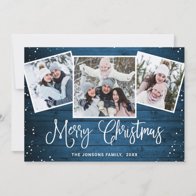 4 PHOTO Christmas Rustic Blue Wood Greeting Holiday Card (Front)