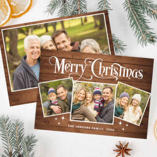 4 PHOTO Christmas Rustic Brown Wood Greeting Boho Holiday Card (Creator Uploaded)