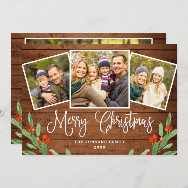 4 PHOTO Christmas Rustic Brown Wood Greeting Holiday Card (Front/Back)