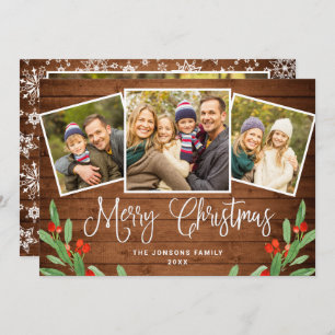 4 PHOTO Christmas Rustic Brown Wood Greeting Holiday Card