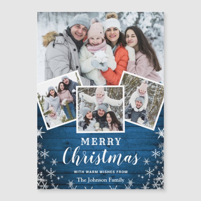 4 PHOTO Christmas Rustic Wood Magnetic Card (Front)
