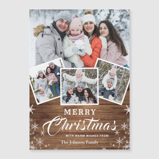 4 PHOTO Christmas Rustic Wood Magnetic Card (Front)