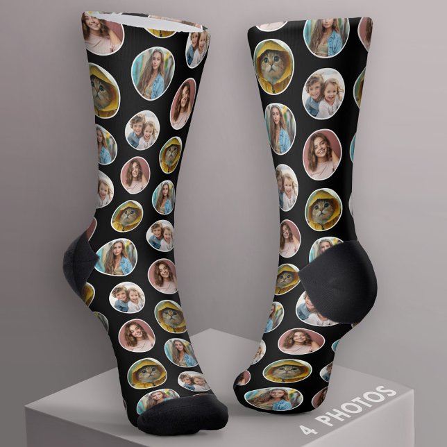 4 Photo Circle Border Collage - Black White Socks (Custom Socks with Photo Collage)