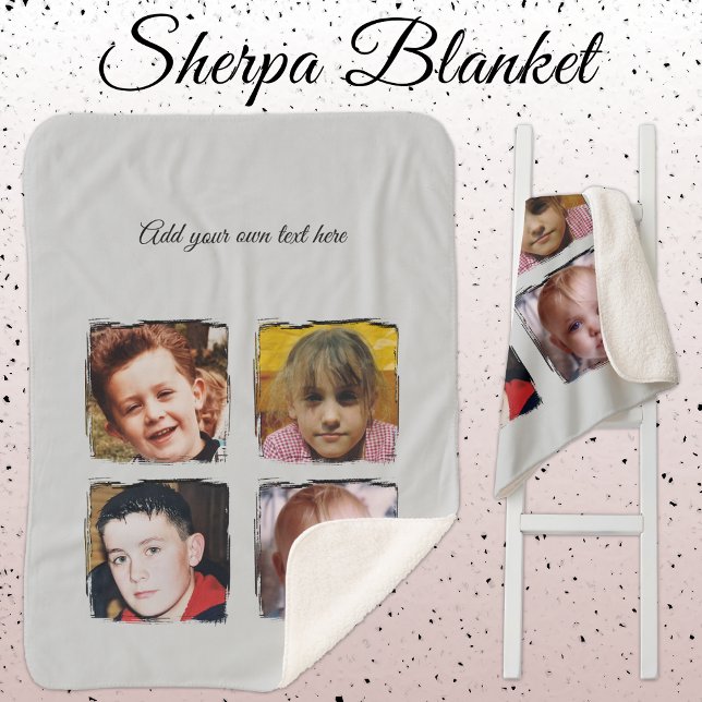 4 photo collage add text grey sherpa blanket (Creator Uploaded)