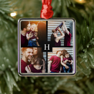 4-Photo Collage and Monogram Metal Tree Decoration