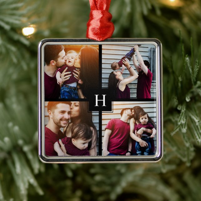 4-Photo Collage and Monogram Metal Tree Decoration (Tree)