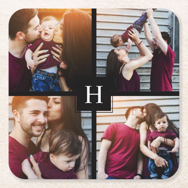 4-Photo Collage and Monogram Square Paper Coaster (Front)