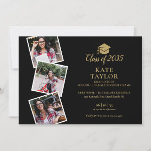 4 Photo Collage Black And Gold Graduation Party Invitation