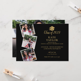 4 Photo Collage Black And Gold Graduation Party Invitation