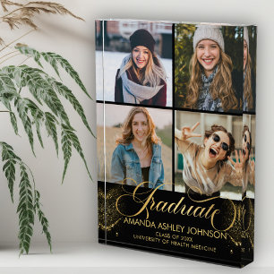 4 Photo Collage Black Gold Graduation Block