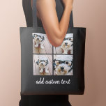4 Photo Collage Black Grid and white modern script Tote Bag<br><div class="desc">Use four square photos to create a unique and personal gift. For best results,  crop your photos into squares before uploading. Or you can keep the hipster puppy and make a trendy keepsake. If you need to adjust the pictures,  click on the customise tool to make changes.</div>