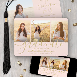 4 Photo Collage Blush Pink & Gold Graduation Party Invitation