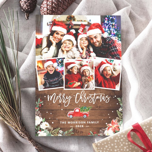 4 Photo Collage Christmas Truck Rustic Wood Floral Holiday Card (Creator Uploaded)