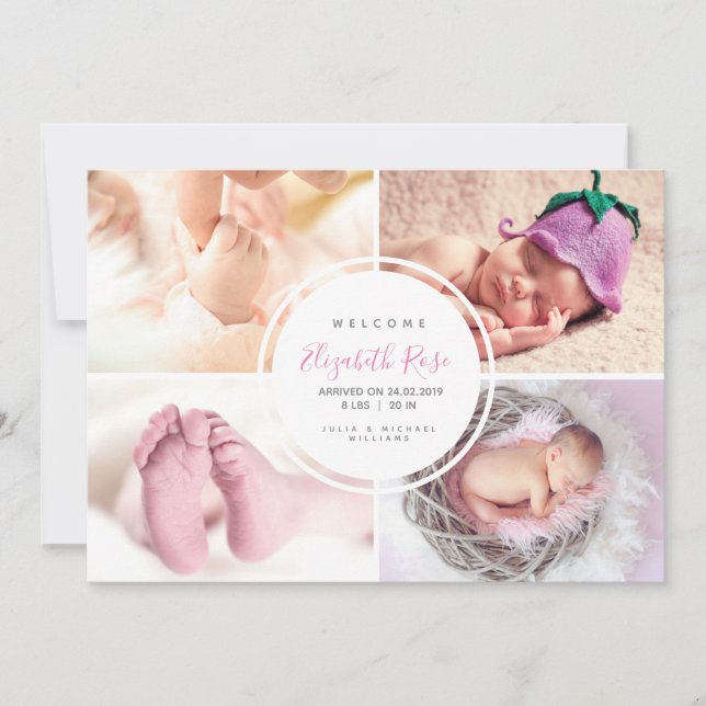 4 Photo Collage Circle Newborn Baby Girl Announcement (Front)