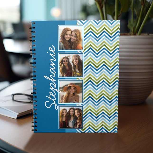 4 Photo Collage Colourful Chevrons Spiral Notebook (Personalized notebook - add photos and your name or other text)