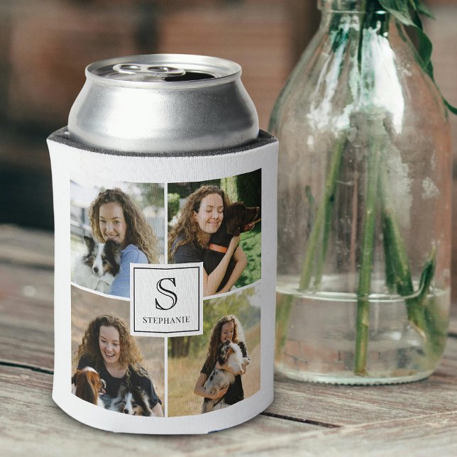 4 Photo Collage Custom Monogram Birthday Can Cooler (Creator Uploaded)