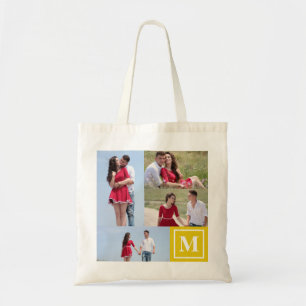 4 Photo Collage Custom Monogram Yellow Tote Bag