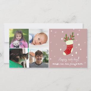 4 Photo Collage Custom Name Red Christmas Stocking Holiday Card