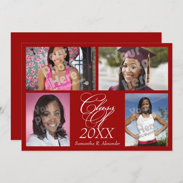 4-Photo Collage Dark Red Graduation Announcement (Front/Back)