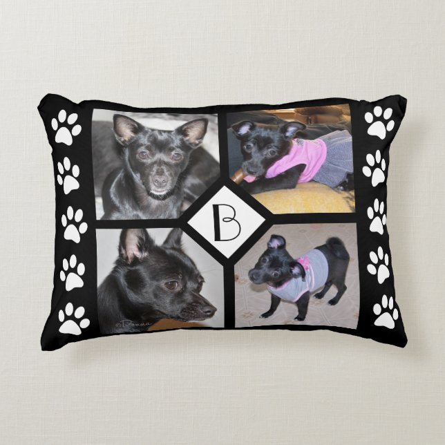 4 Photo Collage | Dog Initial  Black Pawprints Decorative Cushion (Front)