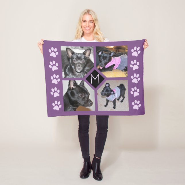 4 Photo Collage | Dog Initial  Purple Pawprints Fleece Blanket (In Situ)