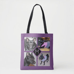 4 Photo Collage Dog Initial Purple Tote Bag