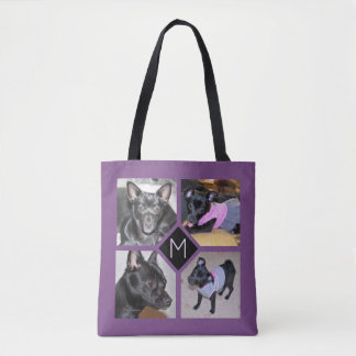 4 Photo Collage | Dog Initial Purple Tote Bag