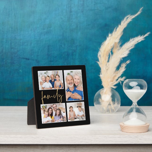 4 Photo Collage Family Gold Black Plaque (Insitu)