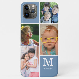 4 Photo Collage Family Monogram Name  Slate Blue Case-Mate iPhone Case