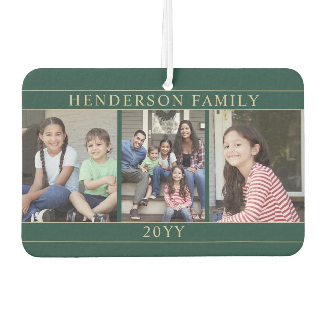 4 Photo Collage Family Name Green and Gold Heart Car Air Freshener (Front)
