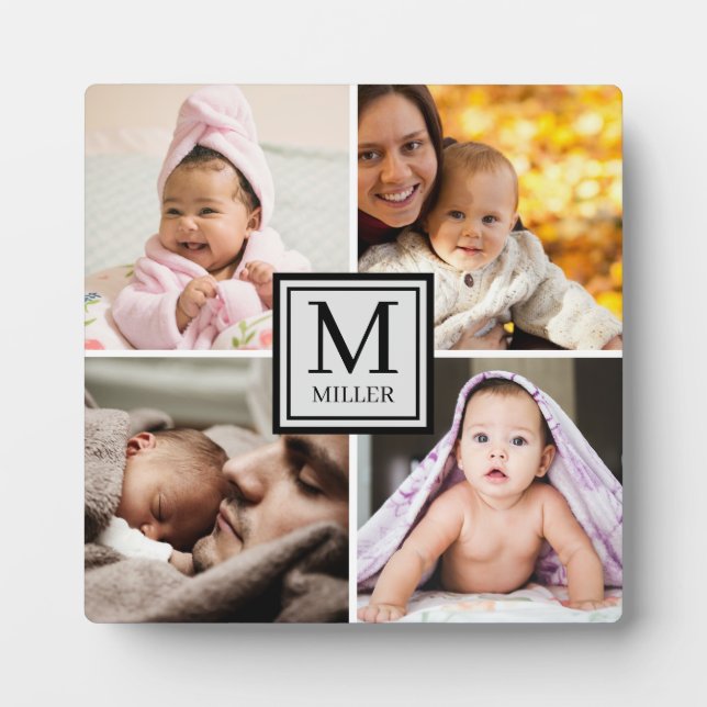 4 Photo Collage Family Name Monogram Plaque (Front)