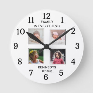 4 Photo Collage Family Name Quote Black And White Round Clock