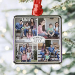 4 Photo Collage Family Name & Year Simple White Metal Tree Decoration<br><div class="desc">Celebrate the simple joys of the holidays with a custom 4 photo collage black and white square metal ornament. All text and pictures on this template are simple to personalise. (IMAGE PLACEMENT TIP: An easy way to centre a photo exactly how you want is to crop it before uploading to...</div>
