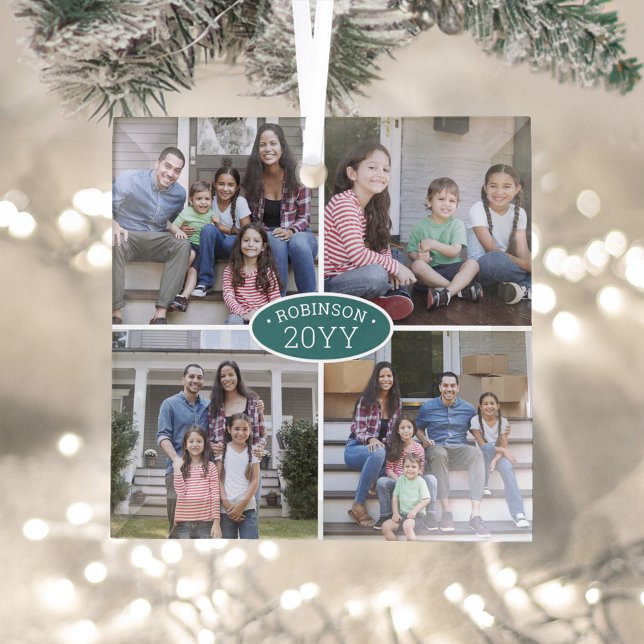 4 Photo Collage Family Name & Year Teal & White Glass Tree Decoration (Creator Uploaded)