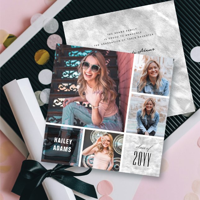 4 Photo Collage Foil Squares Chic Graduation Card (4 Photo Collage Silver Foil Squares Chic Graduation Announcement Card @ zazzle.com/color_therapy)