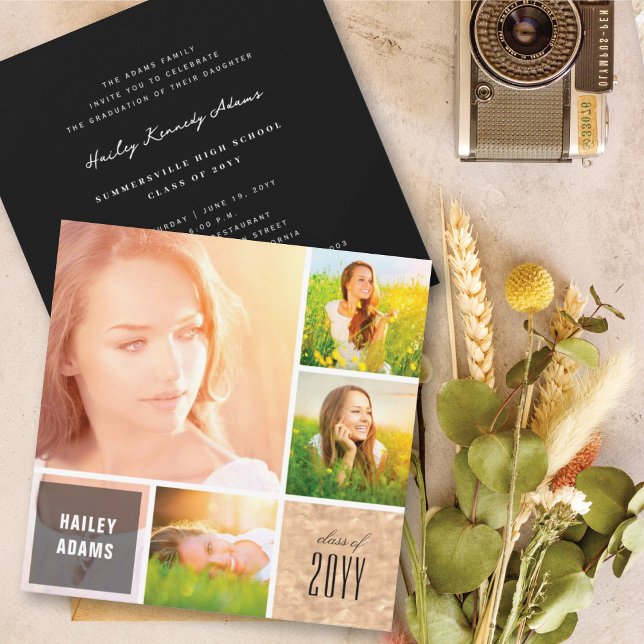 4 Photo Collage Foil Squares Chic Graduation Party Invitation (Creator Uploaded)