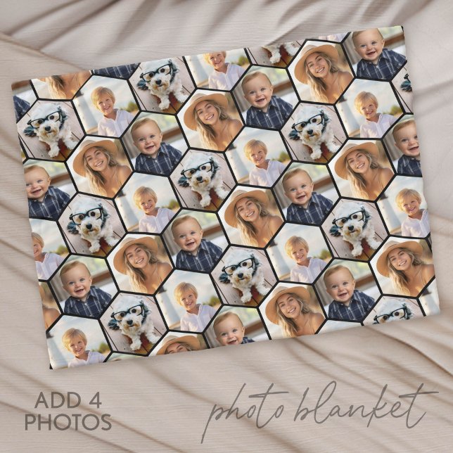 4 Photo Collage - funky hexagon pattern Fleece Blanket (Custom Photo Blanket)