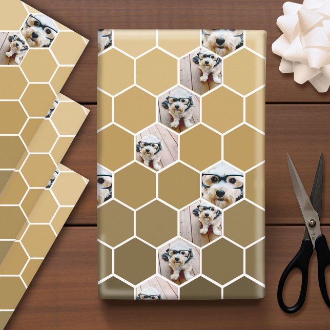 4 Photo Collage - funky hexagon pattern gold Wrapp Wrapping Paper Sheet (Custom Photo Wrapping Paper)