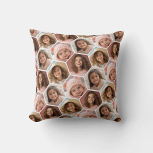 4 Photo Collage - funky hexagon pattern white Cushion