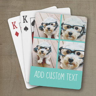 4 Photo Collage - funky text can change teal blue Playing Cards