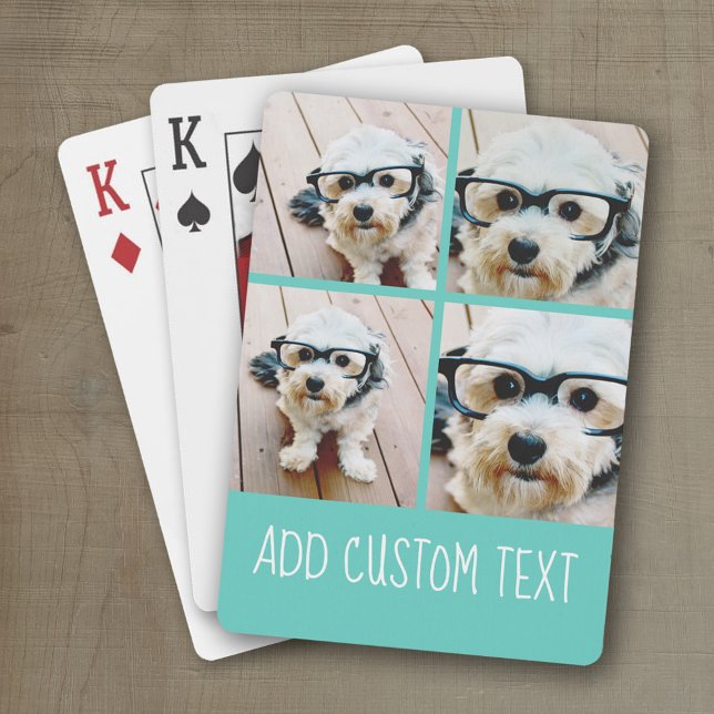4 Photo Collage - funky text can change teal blue Playing Cards (Personalized playing cards with a fun area to add photos and text such as a name or monogram)