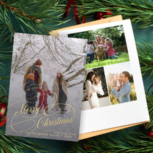 4 photo collage gold Merry Christmas script Holiday Card