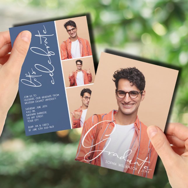 4 Photo Collage Graduation Blue Invitation (4 Photo Collage Graduation Blue Invitations)