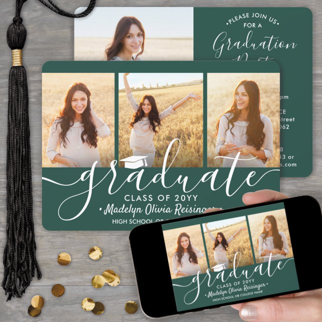 4 Photo Collage Green and White Graduation Party Invitation (Creator Uploaded)