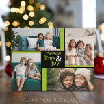 4 Photo collage green black Peace Love Joy Holiday Postcard<br><div class="desc">Peace - Love - Joy - May your days be merry and bright. Add your personal information to make a custom christmas designer postcard. PHOTO TIP: If you upload your pictures and they don't fit, click on the CUSTOMIZE THIS button. It might take a little patience, but you can move...</div>
