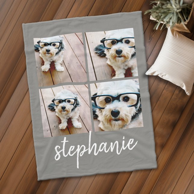 4 Photo Collage grey with modern script name Fleece Blanket (Personalized fleece blanket with 4 photos and custom text)