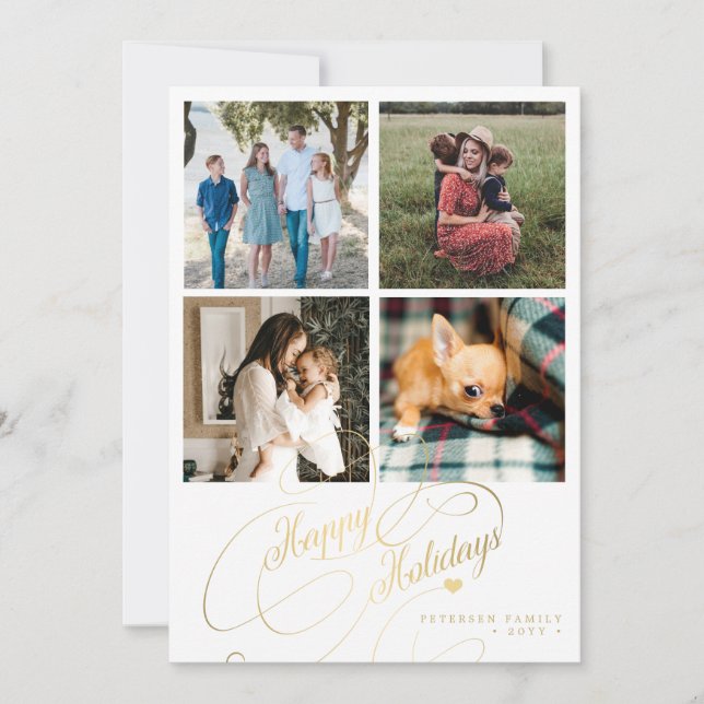 4 photo collage Happy Holidays elegant script Holiday Card (Front)